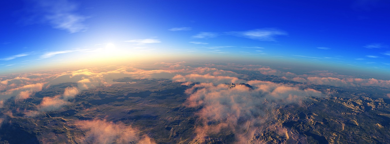 Beautiful landscape with low Earth orbit at sunrise, clouds in t