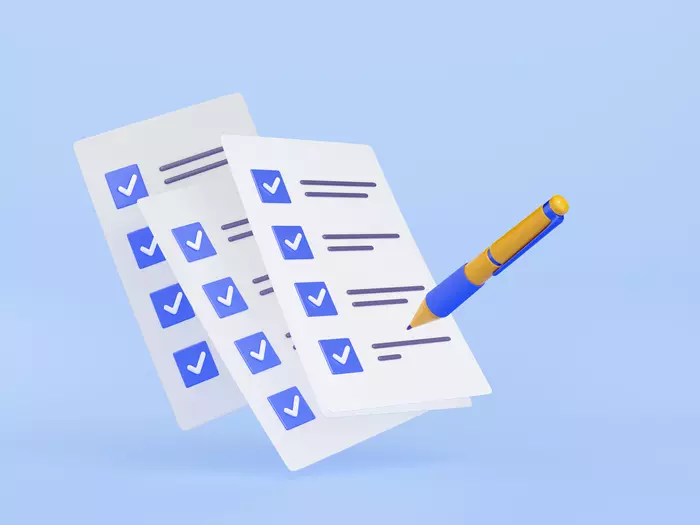 3D illustration of pen putting blue ticks on checklist papers. Election voting, successful fulfillment of business tasks, action plan for effective time management, quality control assessment form