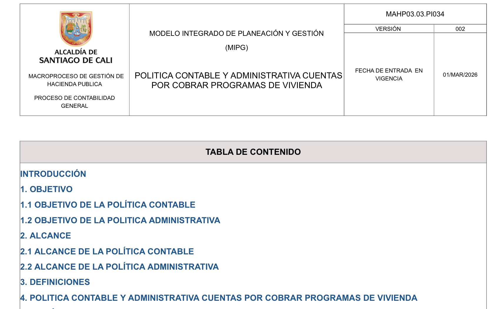 Política Contable y Administrativa Cuentas por Cobrar Vivienda