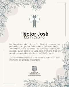 TARJETA CONDOLENCIAS HECTOR JOSE MARIN OSPINA CONDUCTOR TRANSPORTE IEO