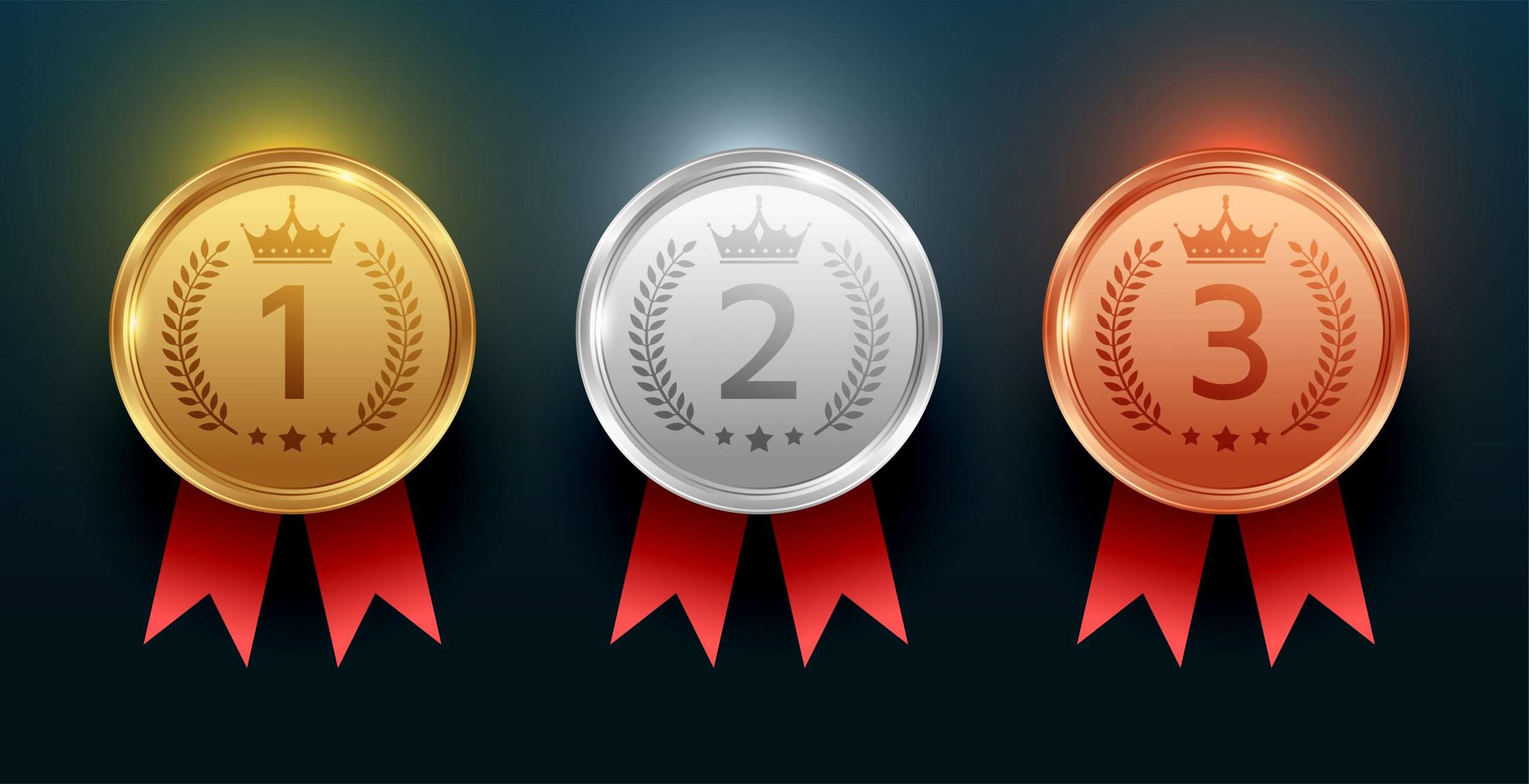 set of gold, silver and bronze winning numbers medal design vector
